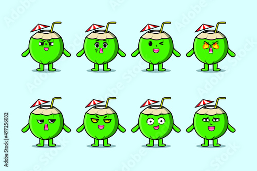 Set kawaii Young coconut cartoon character with different expressions of cartoon face vector illustrations