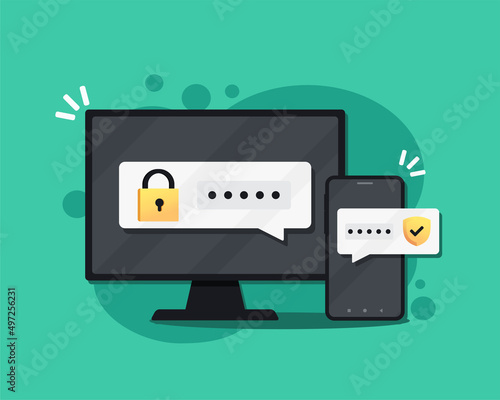 Two step authentication. Password authorization. Login to account. Two factor verification via computer and smartphone. Vector illustration photo