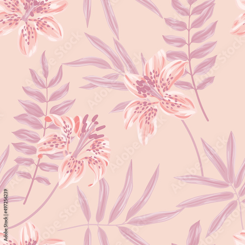 Gently floral print, seamless pattern with tropical plants in pastel pink colors. Romantic botanical background with exotic lily, various leaves. Vector illustration.
