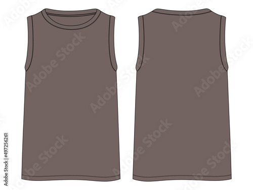 Tank Tops Technical Fashion flat sketch vector illustration Khaki color template Front and back views. Apparel tank tops mock up for men's and boys.