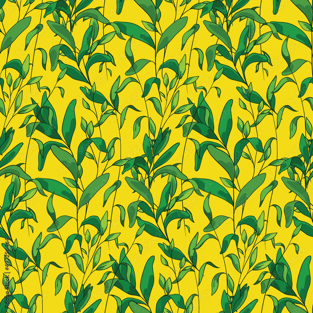 Trendy retro botanical background with various painted leaves and herbs. Seamless pattern with foliage on a hot yellow field. Vector illustration. Trendy retro botanical background with various painted leaves and herbs. Seamless pattern with foliage on a hot yellow field. Vector illustration.