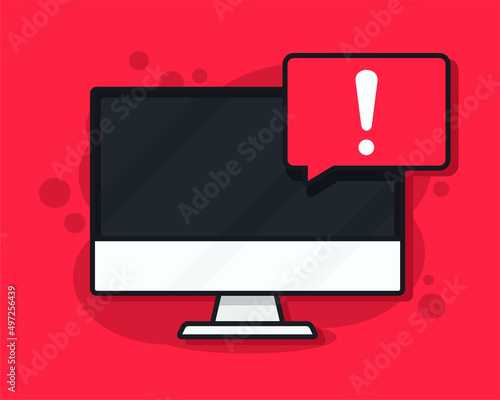 Computer warning sign. Computer notification, exclamation mark. Vector Illustration