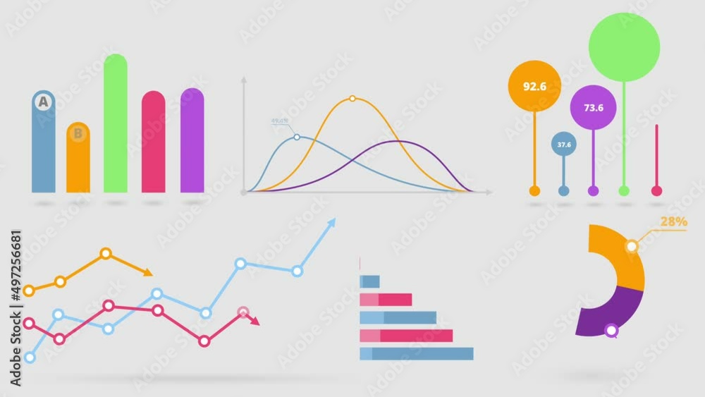 Set of animated infographic elements for business presentation. Colourful diagrams, graphs and charts layout. 4K flat design animation.