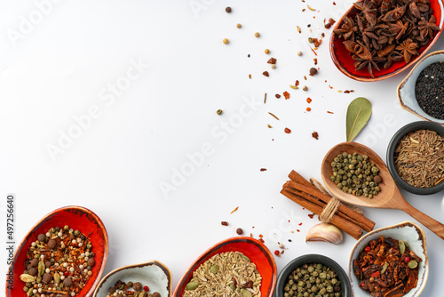 Fotografie, Obraz Bowls with various spices on white background