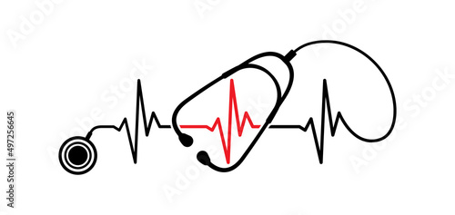 Abstract stethoscope with red ekg line, electrocardiogram design isolated on white background. Healthcare symbol to use in health industry, cardiology, medical care, hospital, health science projects.