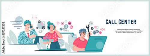 Call center banner layout with friendly staff consult customers. Telemarketing and customer support. Hotline operators, flat vector illustration.