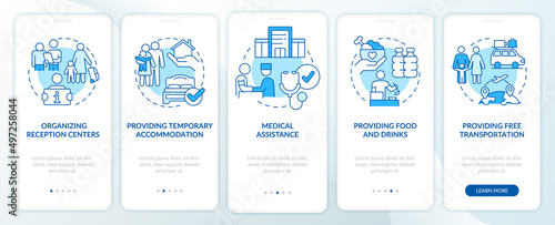 Government initiatives blue onboarding mobile app screen. Help refugees walkthrough 5 steps graphic instructions pages with linear concepts. UI, UX, GUI template. Myriad Pro-Bold, Regular fonts used