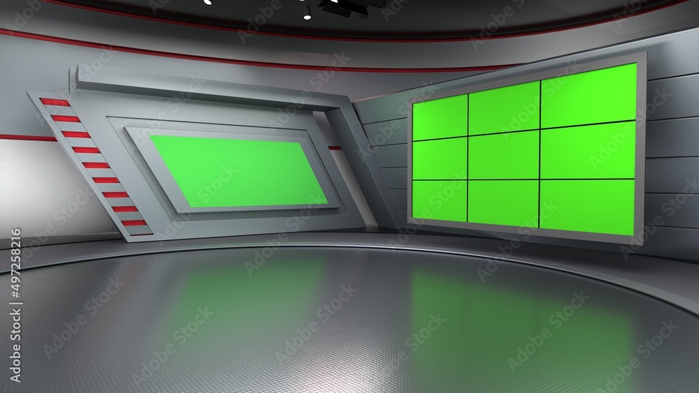 Fototapeta premium News Studio, Backdrop For TV Shows .TV On Wall.3D Virtual News Studio Background, 3d illustration