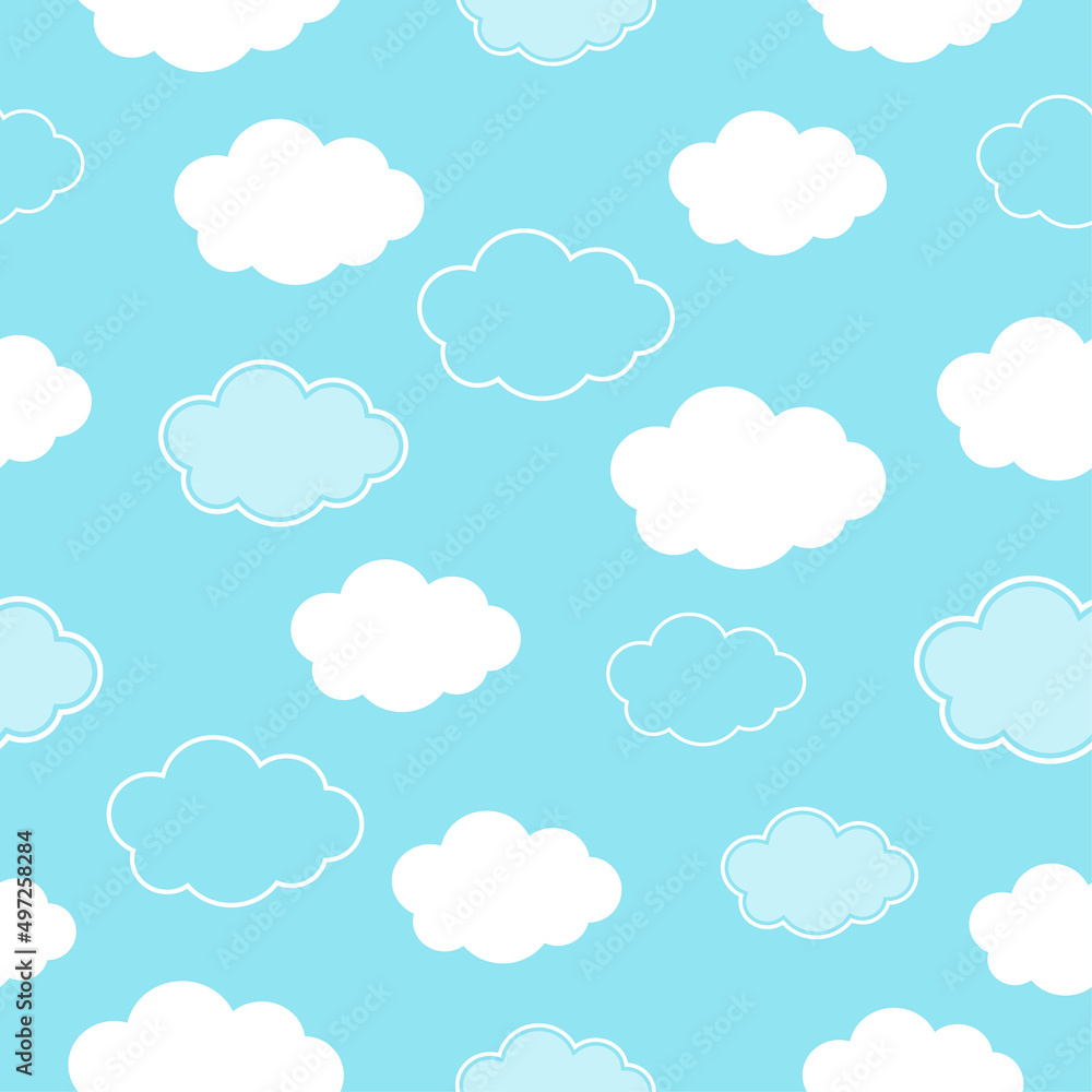 Seamless pattern background with white fluffy cartoon clouds on light blue sky. Vector illustration for kids fabric or backdrop.