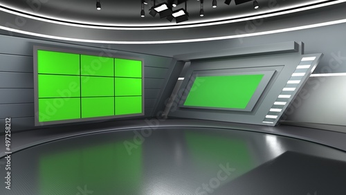 News Studio, Backdrop For TV Shows .TV On Wall.3D Virtual News Studio Background, 3d illustration © MUS_GRAPHIC