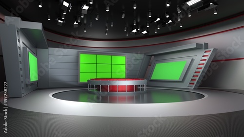 News Studio, Backdrop For TV Shows .TV On Wall.3D Virtual News Studio Background, 3d illustration © MUS_GRAPHIC