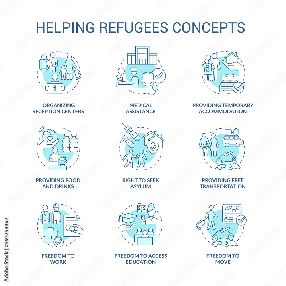 Helping refugees turquoise concept icons set. International asylum seekers assistance idea thin line color illustrations. Isolated symbols. Editable stroke. Roboto-Medium, Myriad Pro-Bold fonts used