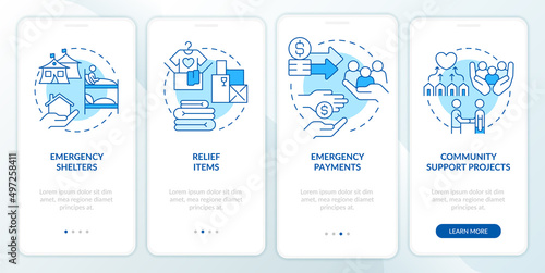 Ways to help refugees blue onboarding mobile app screen. Emergency walkthrough 4 steps graphic instructions pages with linear concepts. UI, UX, GUI template. Myriad Pro-Bold, Regular fonts used