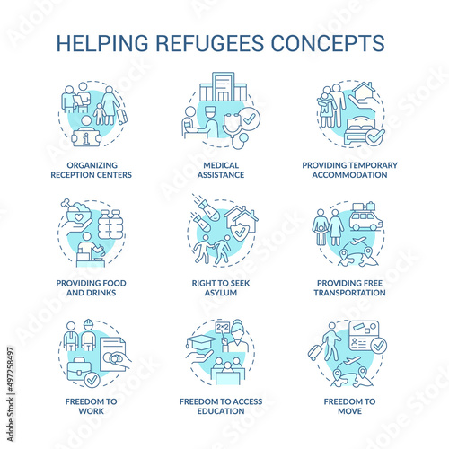 Helping refugees turquoise concept icons set. International asylum seekers assistance idea thin line color illustrations. Isolated symbols. Editable stroke. Roboto-Medium, Myriad Pro-Bold fonts used