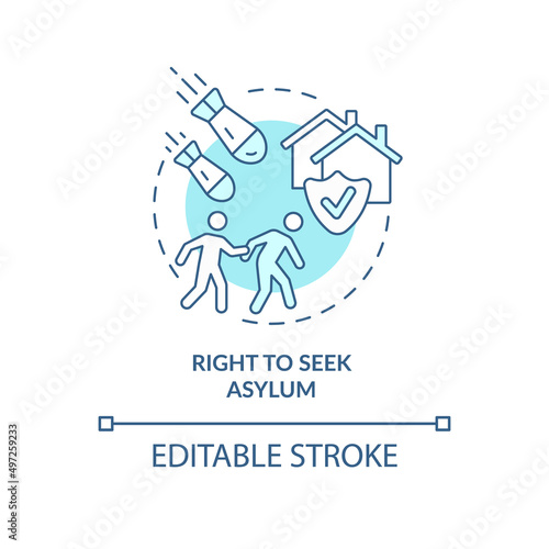 Right to seek asylum turquoise concept icon. Shelter and safety. Refugee right abstract idea thin line illustration. Isolated outline drawing. Editable stroke. Arial, Myriad Pro-Bold fonts used