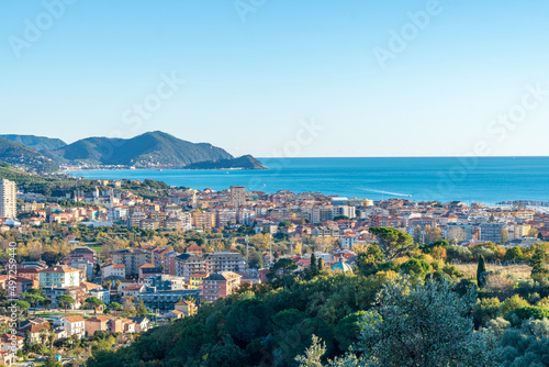 view of the Lavagna town and the Tigullio Gulf from the hill, Chiavari, Ligury, Italy