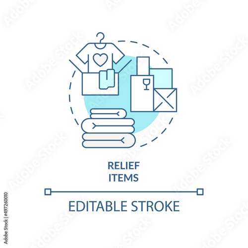 Relief items turquoise concept icon. Provide necessary goods. Way to help refugees abstract idea thin line illustration. Isolated outline drawing. Editable stroke. Arial, Myriad Pro-Bold fonts used