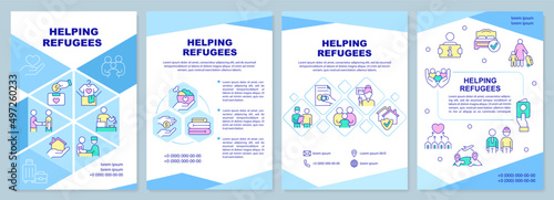 Helping refugees brochure template. Support and assist asylum seekers. Leaflet design with linear icons. 4 vector layouts for presentation, annual reports. Arial-Black, Myriad Pro-Regular fonts used