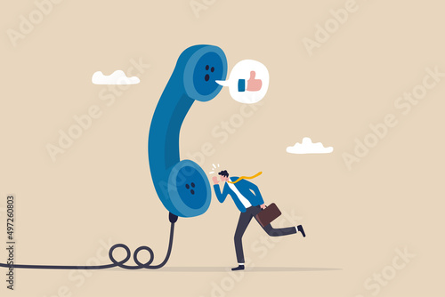 Telephone call expert to generate lead or sales, success telemarketing tell promotion to prospect or client concept, businessman sale representative agent talk in phone call with thumb up feedback.