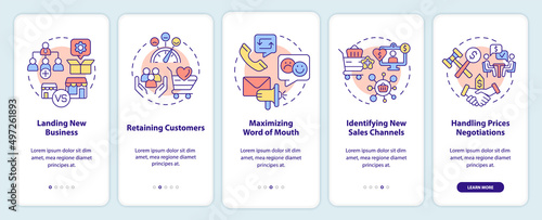 Business sales problems onboarding mobile app screen. Landing new startup walkthrough 5 steps graphic instructions pages with linear concepts. UI, UX, GUI template. Myriad Pro-Bold, Regular fonts used