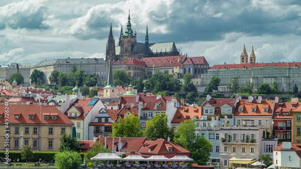 Charles Bridge and Prague Castle timelapse, view from embankment, Czech Republic Charles Bridge and Prague Castle timelapse, view from embankment, Czech Republic