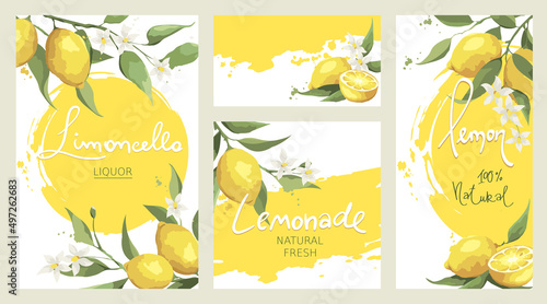 Set of labels with lemon branches. Floral design elements for label of drinks. Vector illustration. photo