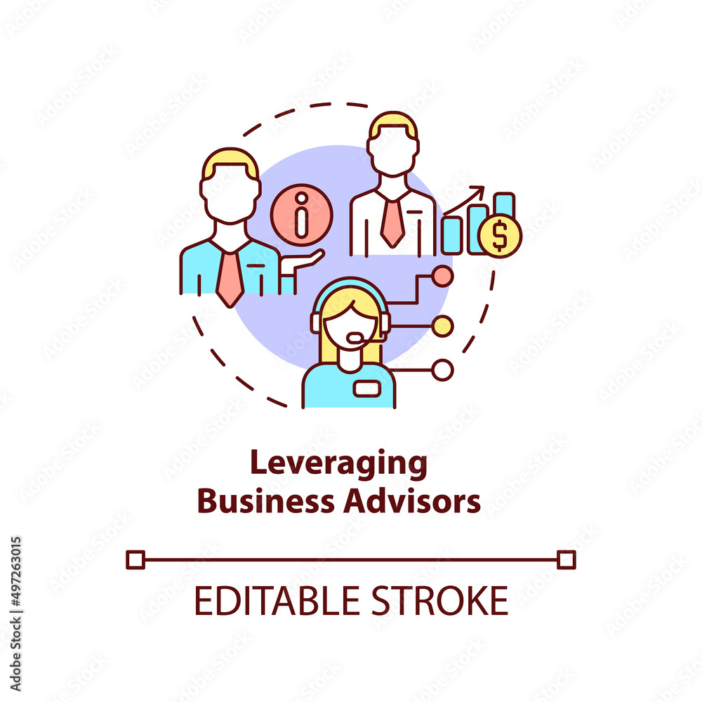 Leveraging business advisors concept icon. Biggest business strategy issue abstract idea thin line illustration. Isolated outline drawing. Editable stroke. Arial, Myriad Pro-Bold fonts used