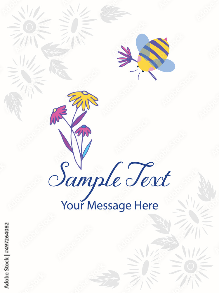 Summer Honey Bee and Flowers Vector Card Background