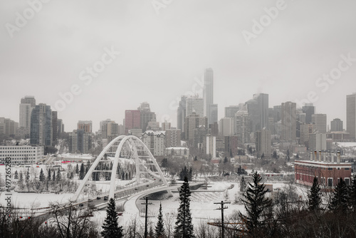 Photo of Edmonton downtown in snow showing Alberta Legislature and Walterdale Bridge photo
