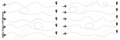 Set of route line different formy on white background. Vector illustration of airplane path in dotted line shape with flight path and arrival pin in flat style.