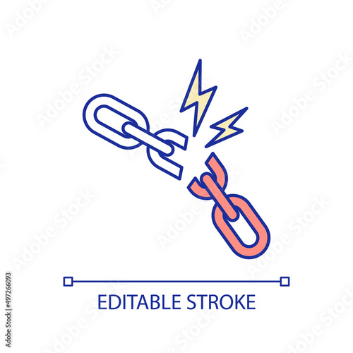 Broken chain RGB color icon. Freedom and slavery end celebration. Weak link in team problem. Isolated vector illustration. Simple filled line drawing. Editable stroke. Arial font used