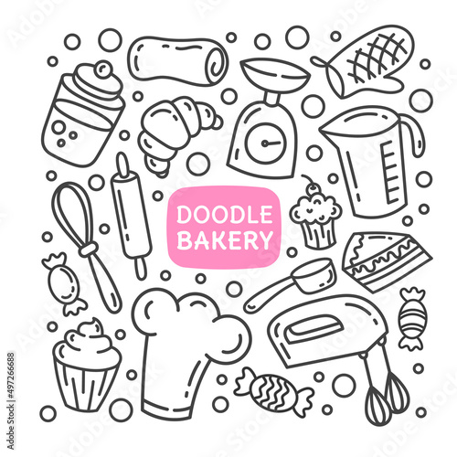 Wallpaper Mural Set of doodle illustrations baking, flour. Kitchen tools, sweets. Isolated on a white background. Torontodigital.ca