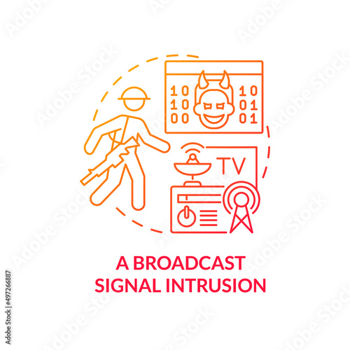 Broadcast signal intrusion red gradient concept icon. TV interference. Form of information warfare abstract idea thin line illustration. Isolated outline drawing. Myriad Pro-Bold font used