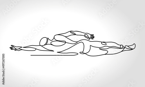 Single continuous line drawing of front crawl freestyle professional swimmer man focus training in gym swimming pool center. Healthy lifestyle concept. 