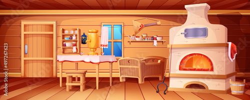 Cartoon russian hut interior with old kitchen. Ancient ukrainian house inside view with wooden furniture, window, door. Rural traditional cooking room with stove, samovar, grip, balalaika, baby crib. photo