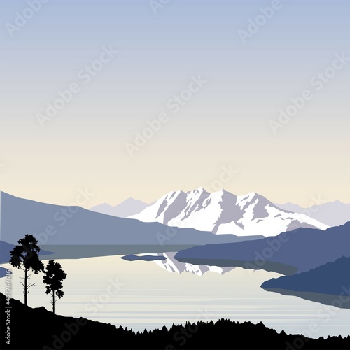 mountain landscape with lake and mountains