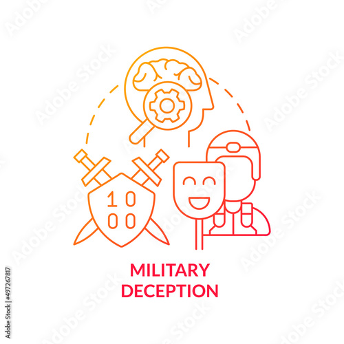 Military deception red gradient concept icon. Mislead and influence adversary. Information operations abstract idea thin line illustration. Isolated outline drawing. Myriad Pro-Bold font used