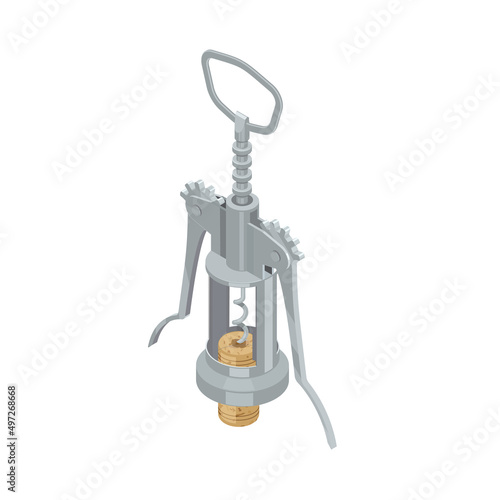 Classic vintage corkscrew and cork isometric vector illustration isolated on white