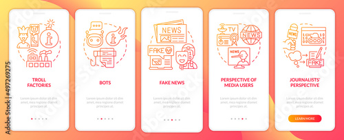 Information war over Internet red gradient onboarding mobile app screen. Walkthrough 5 steps graphic instructions pages with linear concepts. UI, UX, GUI template. Myriad Pro-Bold, Regular fonts used