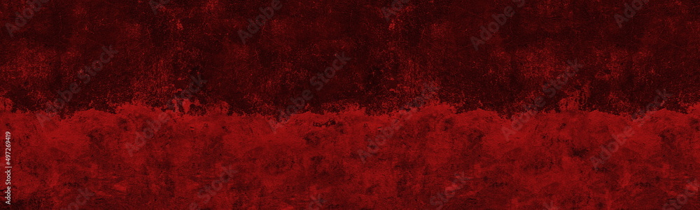 Bloody red concrete wall with old peeling paint surface wide texture. Dark scarlet colour gloomy backdrop. Abstract grunge sinister background