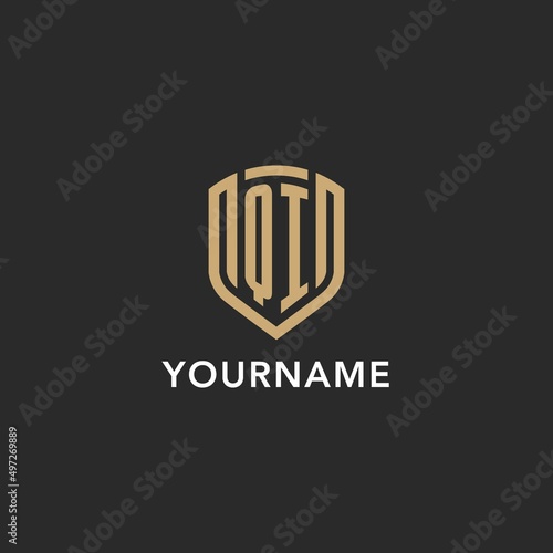 Luxury QI logo monogram shield shape monoline style with gold color and dark background