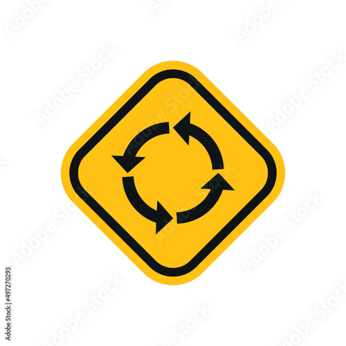 Vector sign of a yellow Roundabout crossroad road traffic sign on a white background.