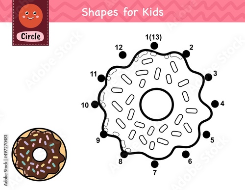 Connect the dots and draw a donut. Dot to dot number game for kids. Learning circle shape activity page for preschool. Puzzle template for children. Vector illustration