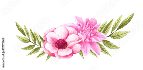 Fototapeta Naklejka Na Ścianę i Meble -  Set of floral branch. Flower pink rose, green leaves. Wedding concept with flowers. Floral poster, invite. carrangements for greeting card or invitation design