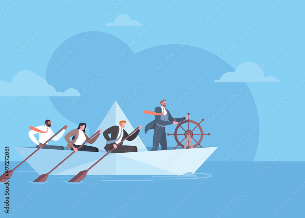 Fototapeta premium Execution to success, crisis management, problems solving, teamwork or leadership concept. Businessman is controlling the navigation of paper boat through the ocean with his team in blue background.