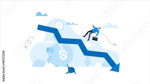 Man with briefcase flying down from arrow chart. Animation ready duik friendly vector. Conceptual business story. Financial crisis, economic recession, bankruptcy, depression. © Yarkee