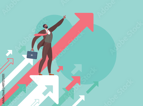 Leadership, leading to success or business vision concept. Businessman is pointing direction forward and standing on flying arrows in green background.