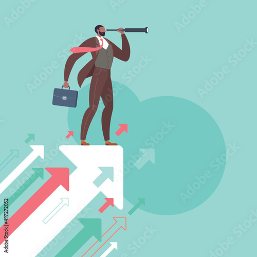 Searching for opportunities, business opportunity or vision concept. Businessman is looking through monocular telescope and standing on flying arrows in green background.