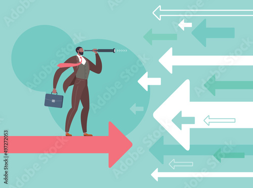Searching for business opportunities, divergence strategy, think different or vision concept. Businessman is looking through monocular telescope and standing on flying arrow in green background.