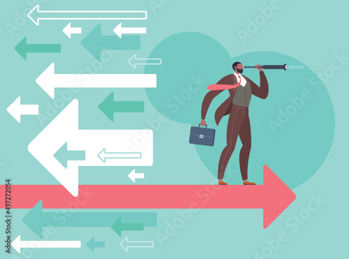 Searching for business opportunities, divergence strategy, think different or vision concept. Businessman is looking through monocular telescope and standing on flying arrow in green background.